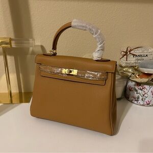 Top Handle Belted Leather Satchel 25cm Biscuit